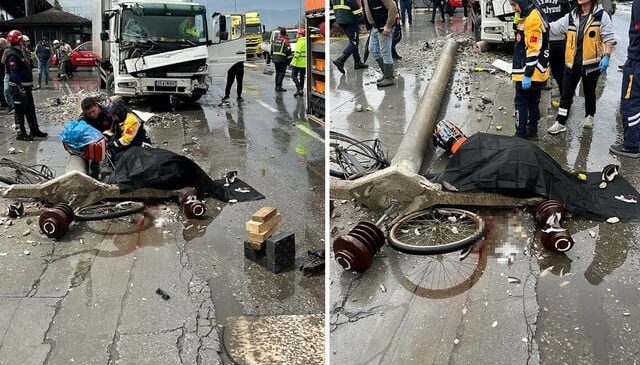 Kazada kamyonun devirdiği beton elektrik direğinin altında kalan bisikletli öldü
