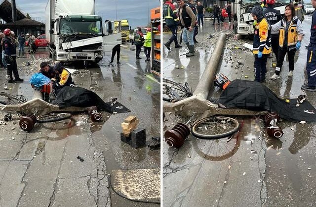 Kazada kamyonun devirdiği beton elektrik direğinin altında kalan bisikletli öldü