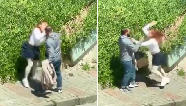 Tartıştığı kadını sokak ortasında yumrukladı, müdahale edenlere tepki gösterdi