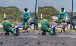 Kalpleri ısıtan görüntü: Temizlik işçileri tahterevallide eğlendi