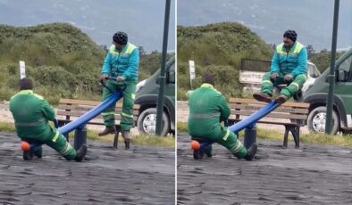 Kalpleri ısıtan görüntü: Temizlik işçileri tahterevallide eğlendi