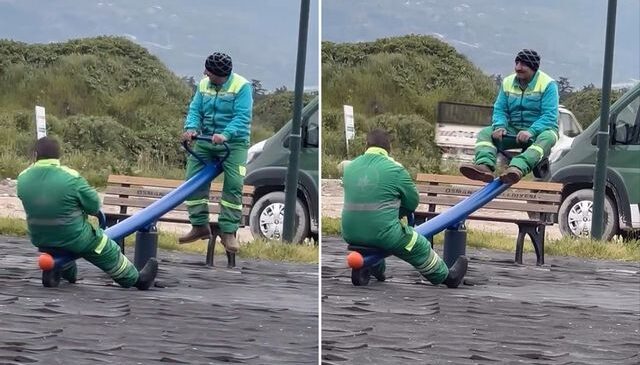 Kalpleri ısıtan görüntü: Temizlik işçileri tahterevallide eğlendi