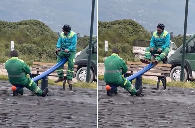 Kalpleri ısıtan görüntü: Temizlik işçileri tahterevallide eğlendi