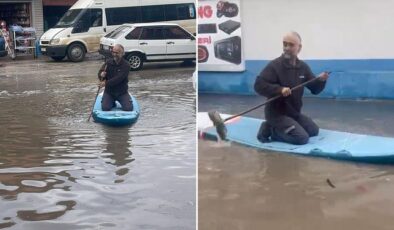 Adana’da esnaf sel suyunda sörf yaptı