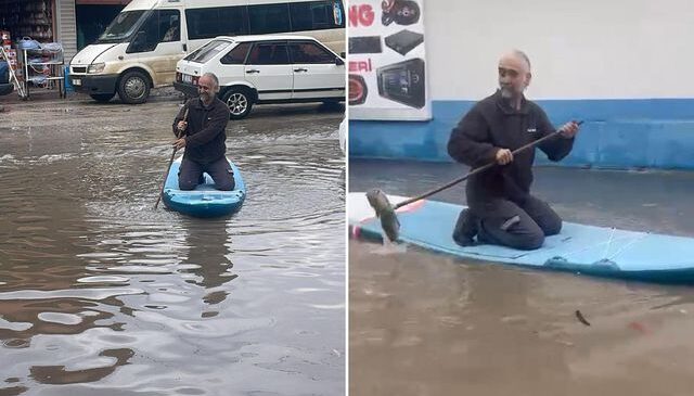 Adana’da esnaf sel suyunda sörf yaptı