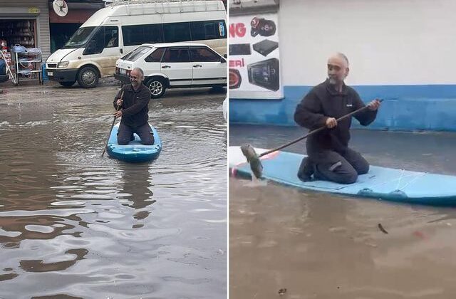 Adana’da esnaf sel suyunda sörf yaptı