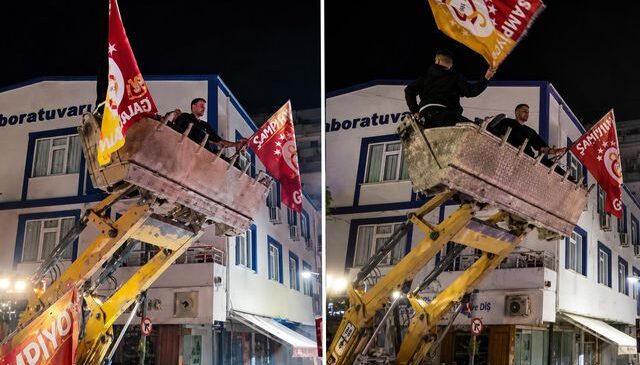 Avcılar’da inşaat kepçesi üzerindeki şampiyonluk kutlamasına polis engeli