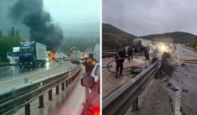 Bariyerlere çarparak yanan otomobilin sürücüsü feci şekilde can verdi