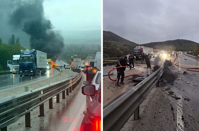 Bariyerlere çarparak yanan otomobilin sürücüsü feci şekilde can verdi