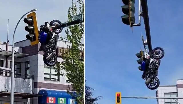 Benzeri görülmemiş kaza! Motosiklet trafik ışıklarında asılı kaldı