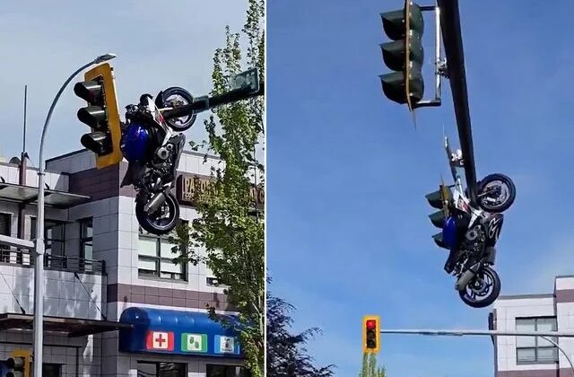 Benzeri görülmemiş kaza! Motosiklet trafik ışıklarında asılı kaldı