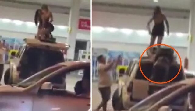 Benzin istasyonunda twerk faciası: Aracın üstünden yere çakıldı