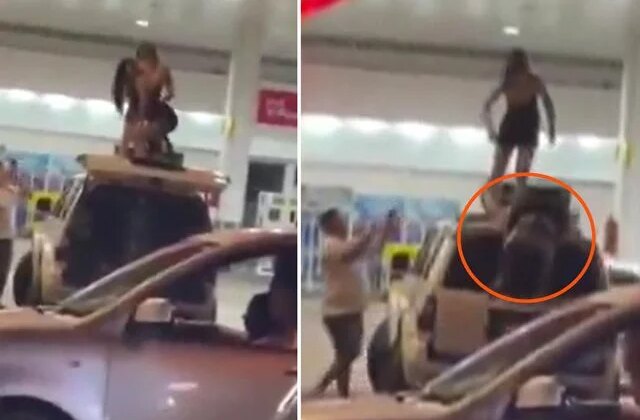 Benzin istasyonunda twerk faciası: Aracın üstünden yere çakıldı