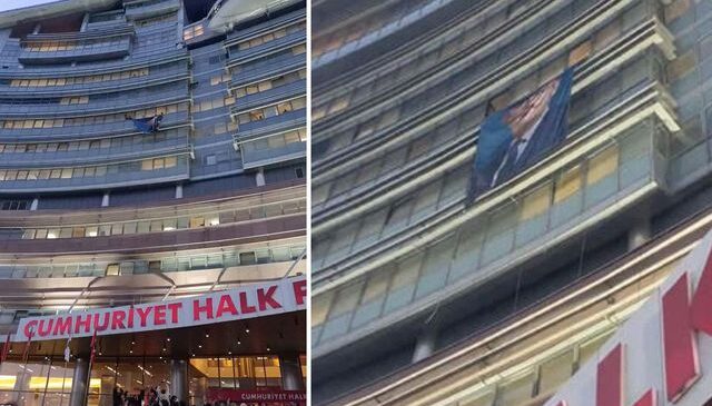 CHP Genel Merkezi’ne Özel’in pankartı asıldı
