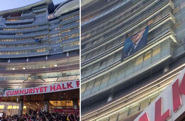 CHP Genel Merkezi’ne Özel’in pankartı asıldı