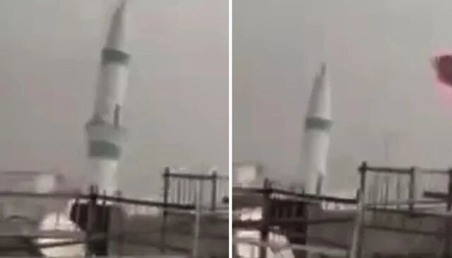 Fırtınada minarenin yıkılma anı kamerada