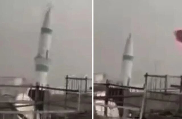 Fırtınada minarenin yıkılma anı kamerada