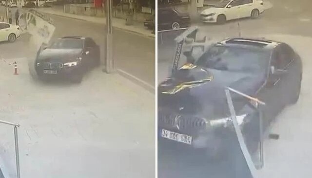Otomobil iş yerine girdi; kaza anı kamerada