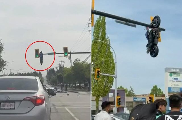 Kazayı gören gözlerine inanamadı! Motosiklet trafik ışığında asılı kaldı