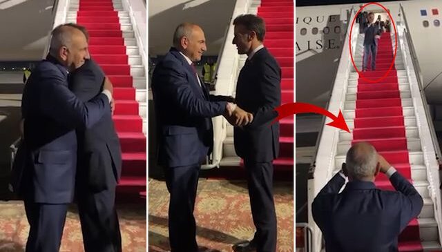 Macron ile Paşinyan birbirine zor veda etti! Defalarca sarıldılar, kalp yapıp öpücük yolladılar