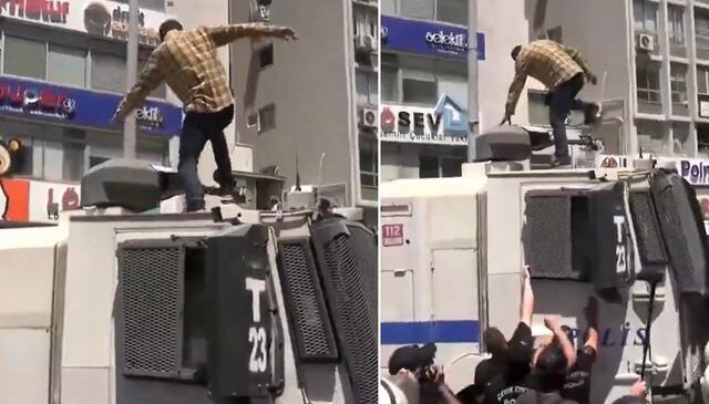 Özel’in mitinginde büyük gerginlik! TOMA’nın üzerine çıkıp tekmeler salladı