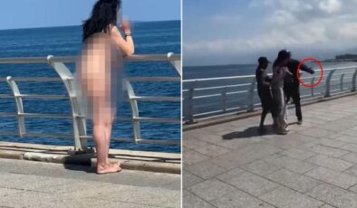 Sahilde çıplak dolaşan kadına saldırı! O anlar kamerada