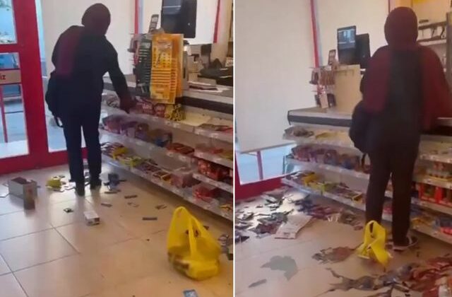 Sinir krizi geçiren kadın zincir marketi savaş alanına çevirdi