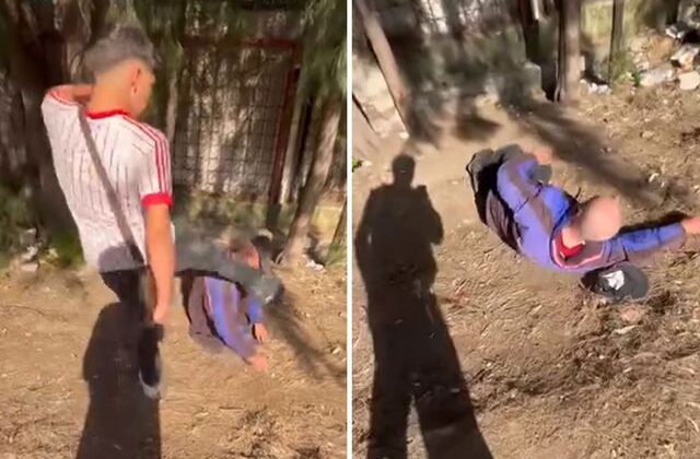 Sokakta uyuyan adamla dalga geçip yüzüne tekme attılar