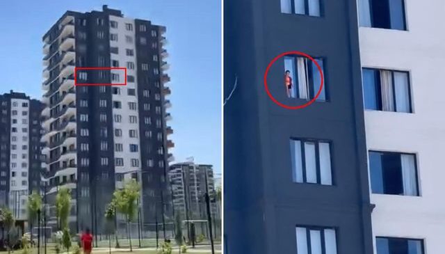 12’nci katta yürekleri ağza getiren anlar! Çocuk pencereye çıktı