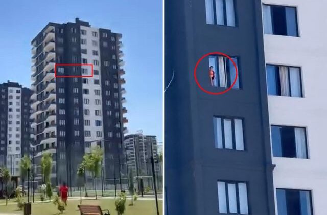 12’nci katta yürekleri ağza getiren anlar! Çocuk pencereye çıktı