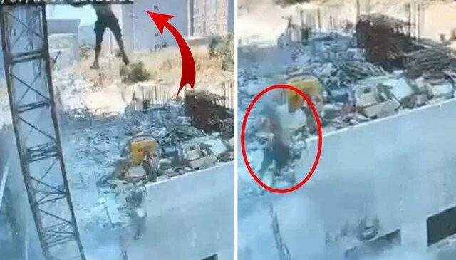 Çalıştığı inşaatta iskeleden düşen işçi ağır yaralandı; olay kamerada