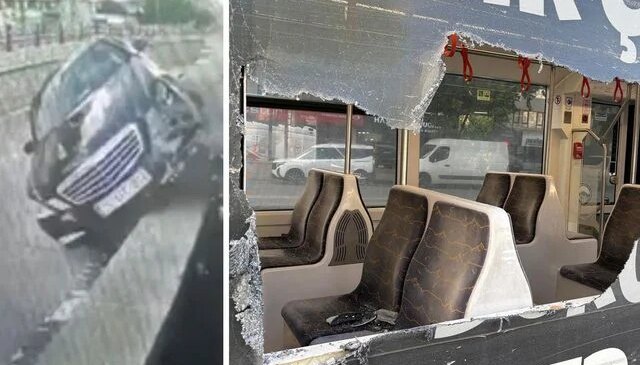 Otomobilin çarptığı refüjden kopan taşlar tramvaydan içeri girdi: 4 yolcu yaralı