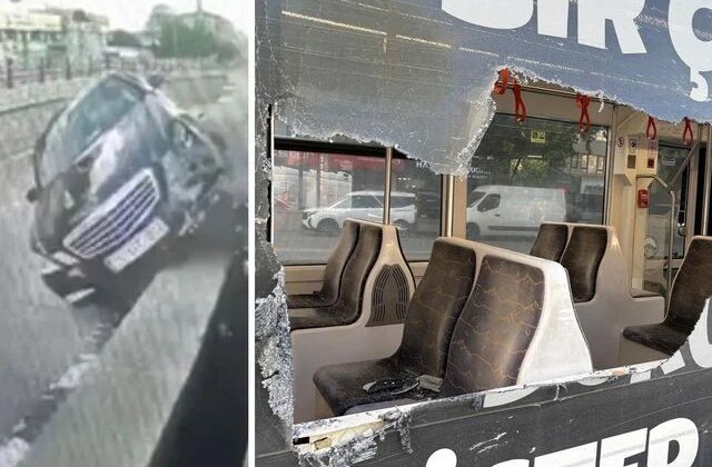 Otomobilin çarptığı refüjden kopan taşlar tramvaydan içeri girdi: 4 yolcu yaralı