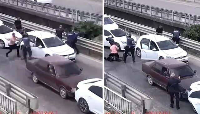 Cezaevi önünde 2 kişiyi yaralayıp otomobil gasbeden şüphelilerin yakalanma anı kamerada