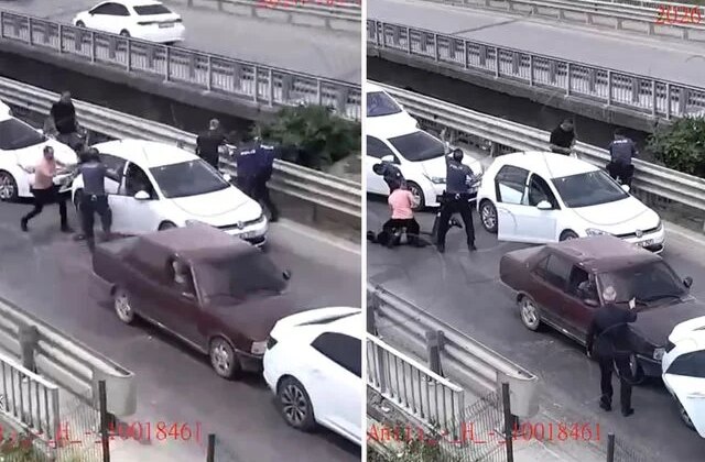 Cezaevi önünde 2 kişiyi yaralayıp otomobil gasbeden şüphelilerin yakalanma anı kamerada