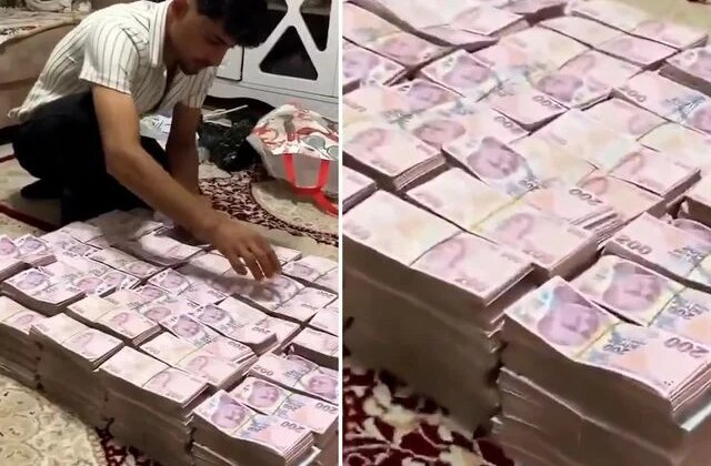 Deste deste paraları halının üzerine dizip video çekti