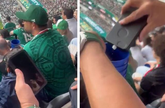 Dünya Kupası tribünlerinde ilginç görüntü! İçeceğini telefonuyla içti