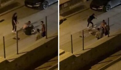 İki kadın sokak ortasında aralarına aldığı erkeğe dehşeti yaşattı
