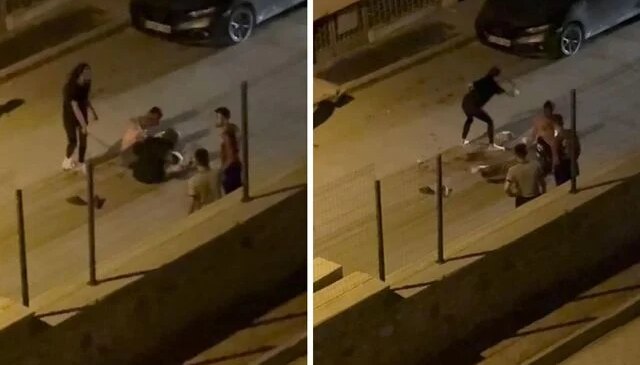 İki kadın sokak ortasında aralarına aldığı erkeğe dehşeti yaşattı