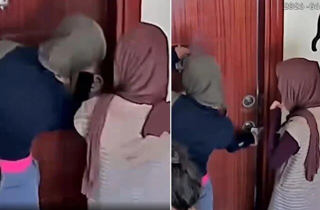 Eve girmeye çalışan hırsızlar kamerayı fark edince binadan kaçtı