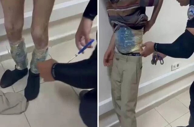 Uyuşturucuyu bantla beline ve bacaklarına saran zehir taciri hayrete düşürdü