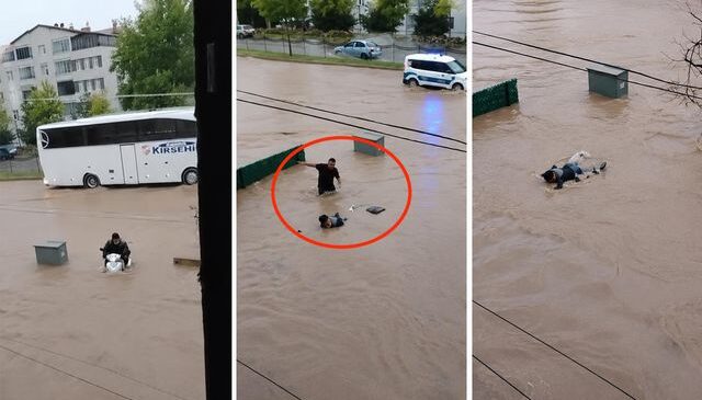 Kırşehir’de motosikletiyle sele kapılan yaşlı adamı vatandaşlar kurtardı