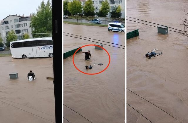 Kırşehir’de motosikletiyle sele kapılan yaşlı adamı vatandaşlar kurtardı