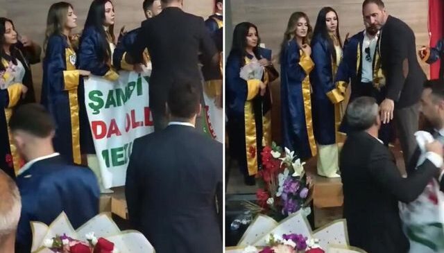 Mezuniyet töreninde kriz çıkartan pankart! Zorla ellerinden aldılar