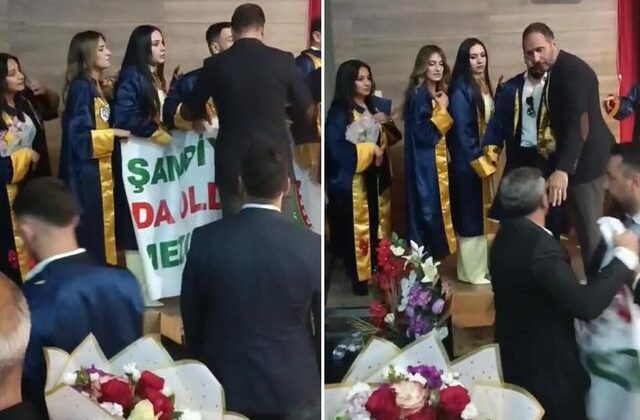 Mezuniyet töreninde kriz çıkartan pankart! Zorla ellerinden aldılar