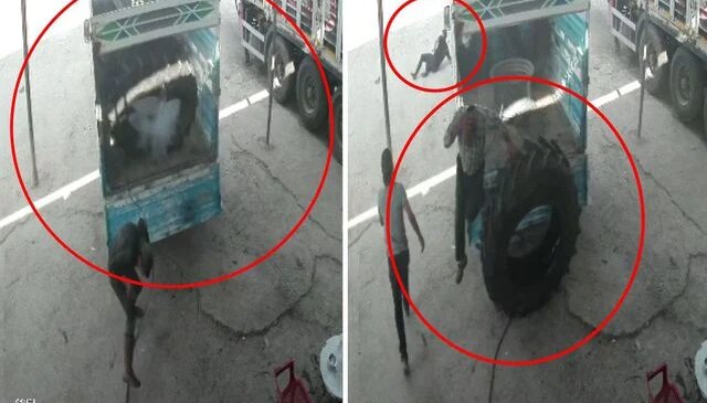 Hava basılan traktör lastiği bomba gibi patladı, işçilere hayatlarının şokunu yaşattı
