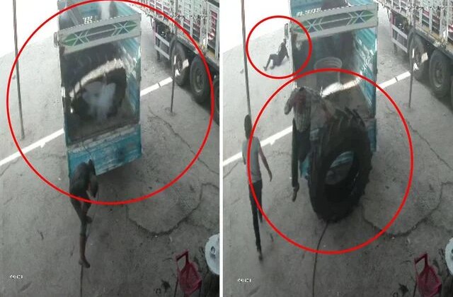 Hava basılan traktör lastiği bomba gibi patladı, işçilere hayatlarının şokunu yaşattı