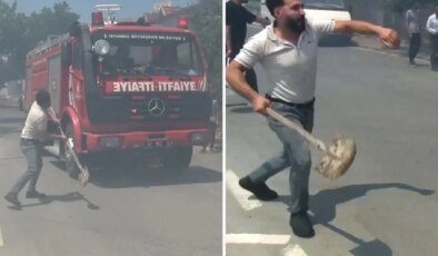 Silivri’de yangın ihbarına giden itfaiye ekibine kürek fırlattı