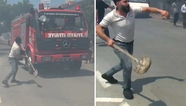 Silivri’de yangın ihbarına giden itfaiye ekibine kürek fırlattı