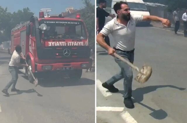 Silivri’de yangın ihbarına giden itfaiye ekibine kürek fırlattı
